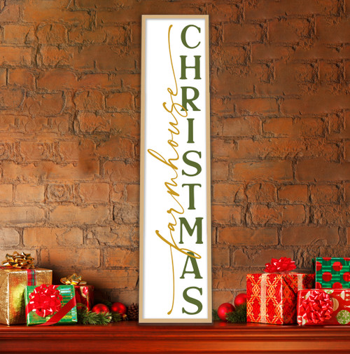 Farmhouse Christmas Tall 10" x 43.5" Framed Christmas Wall Decor Art Print Sign Poster in a Natural Wooden Frame with UV Acrylic and Hangers