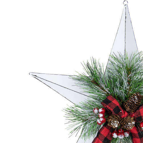 17" White 5 point Christmas Star With Plaid Ribbon with Artificial Pine
