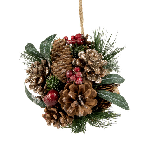 6" Green Mixed Foliage, Pinecone and Berries Hanging Christmas Ball Ornament