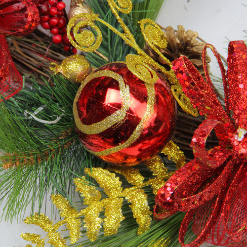 Bows, Berries and Ornaments Mixed Pine Artificial Christmas Teardrop Swag - 26" - Unlit