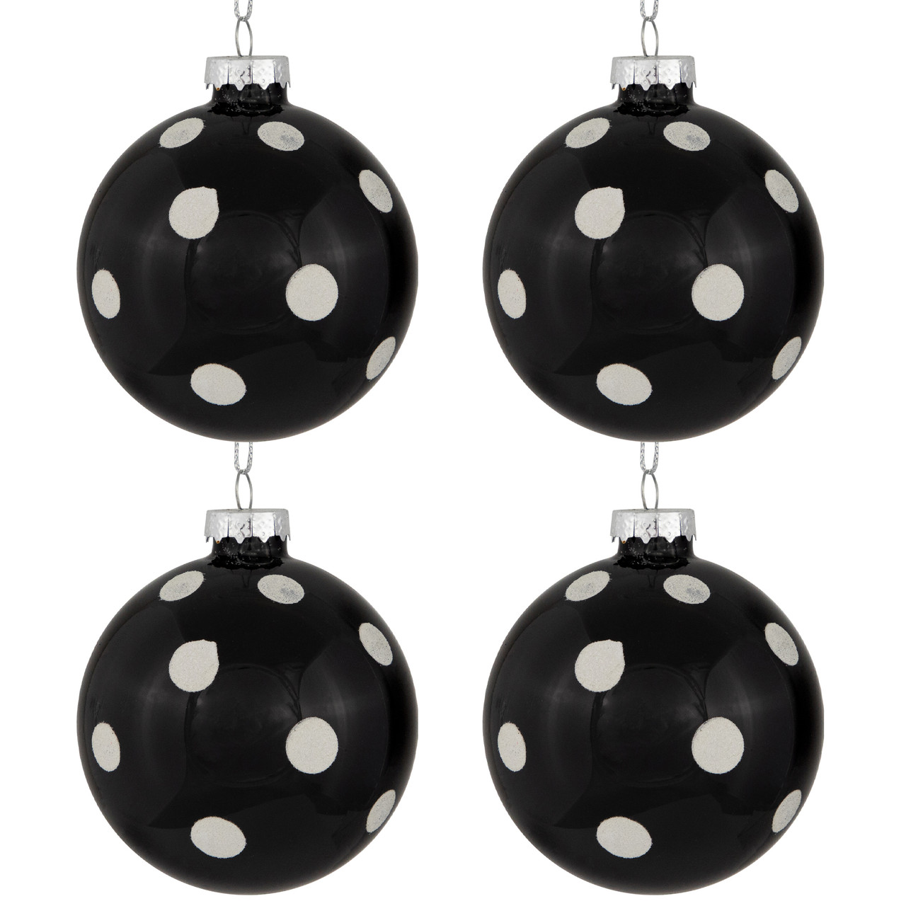 Shiny Finish Polka Dots Christmas Glass Ball Ornaments - 3" (80mm) - Black and White - Set of 4