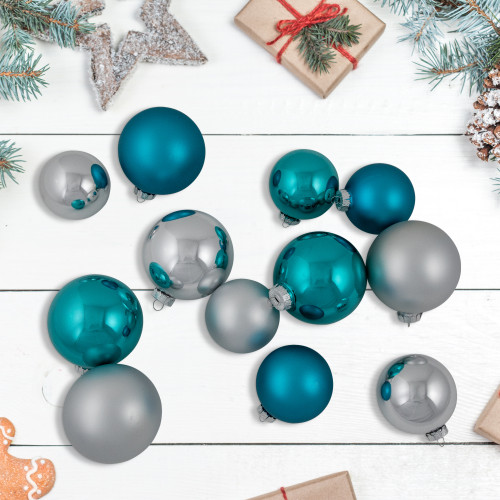 72ct Turquoise Blue and Silver 2-Finish Glass Christmas Ball Ornaments 4" (100mm)