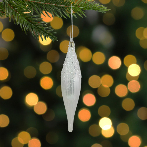 9.5" Matte White Sequin and Glitter Finial Glass Christmas Ornament