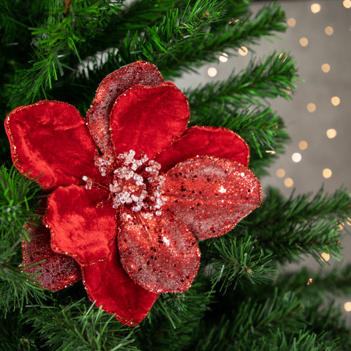 18" Red Magnolia Glittered Christmas Stem Spray