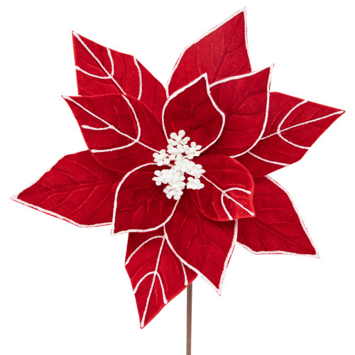 20" Red and White Velvet Glittered Poinsettia Christmas Stem Spray