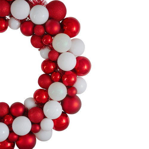 White and Red 3-Finish Shatterproof Ball Christmas Wreath - 24-Inch, Unlit