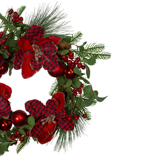 Magnolia and Red Berries Artificial Christmas Wreath - 22-Inch, Unlit