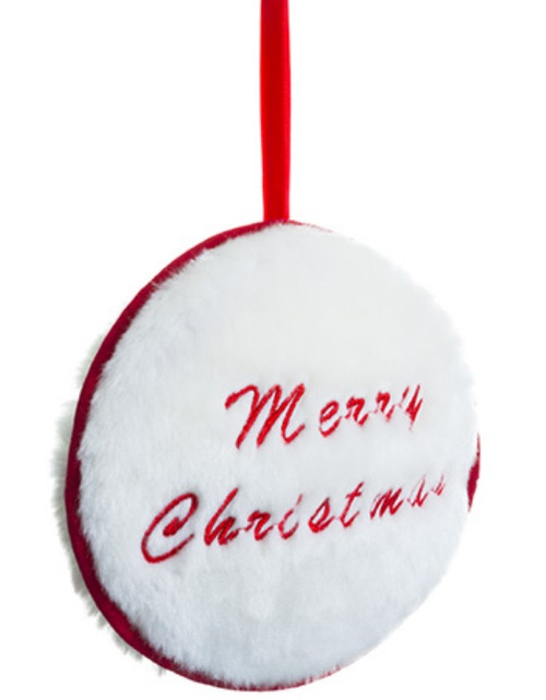 7.5" Red and White "Merry Christmas" Faux Fur Decorative Christmas Disc Ornament
