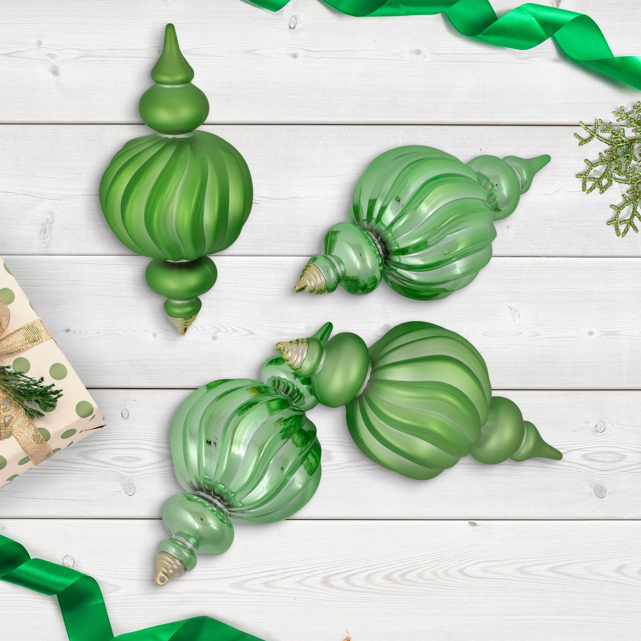Commercial Size Shatterproof 2-Finish Finial Christmas Ornaments - Green -10" - 4ct