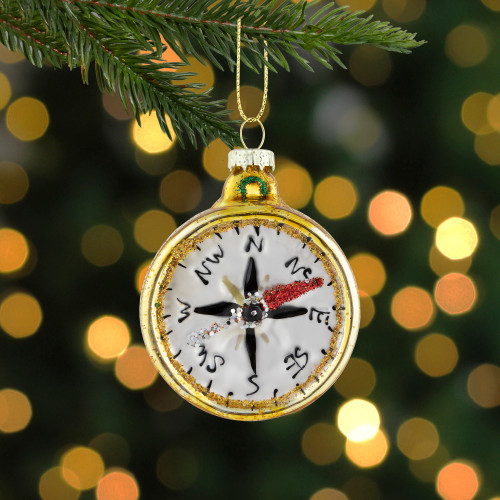 2.5" Glittered Gold Compass Glass Christmas Ornament
