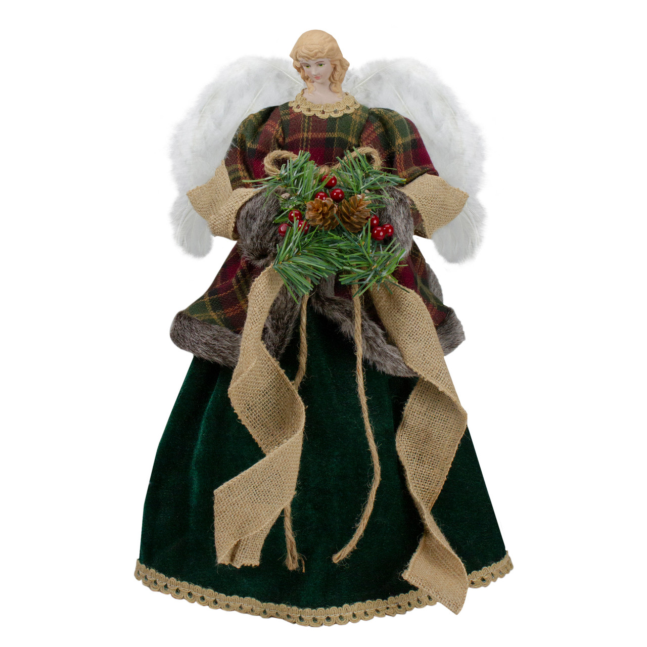 18" Red and Green Angel in a Dress Christmas Tree Topper Accented with Holly Berries - Unlit