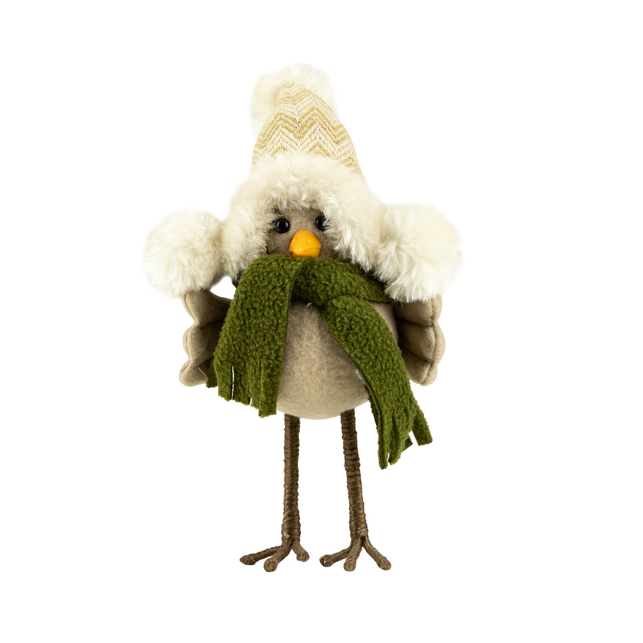 Standing Bird in Winter Apparel Christmas Figure - 9" - Beige and Green