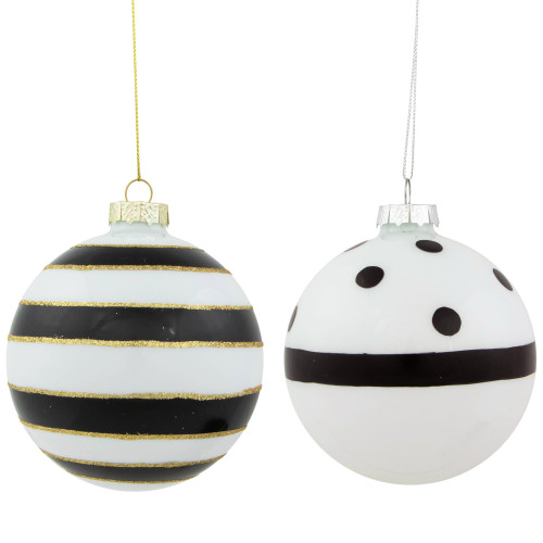 Set of 2 White and Black Striped Glass Christmas Ball Ornaments 4"
