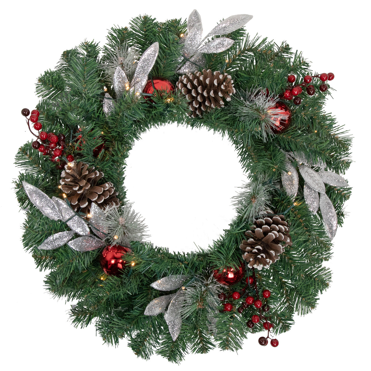 Pre-Lit Battery Operated Frosted Pine Cone and Berries Christmas Wreath - 24" - White LED Lights