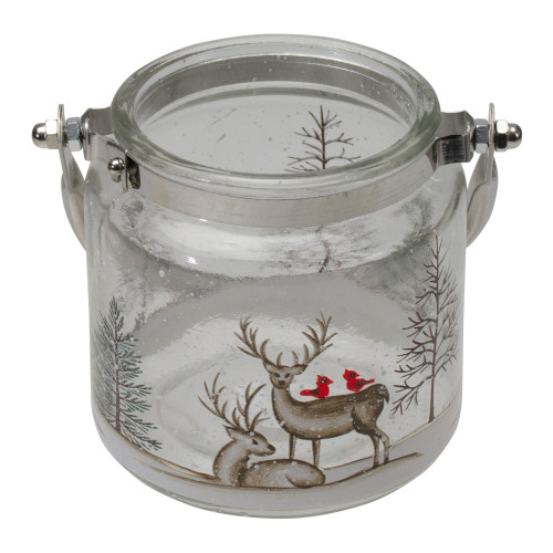 4" Hand-Painted Pine Trees and Deer Flameless Glass Christmas Candle Holder