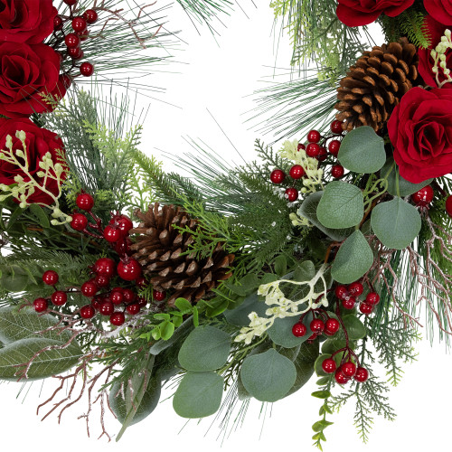 Real Touch?? Roses and Berries Artificial Christmas Wreath - 30" - Unlit