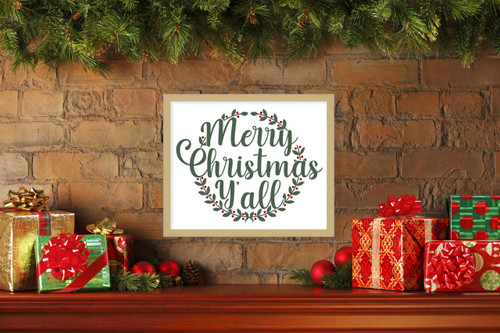 Merry Christmas Y'all 17.5" x 21.5" Framed Christmas Wall Decor Art Print Sign Poster in a Natural Wooden Frame with UV Acrylic and Hangers