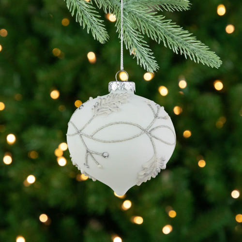 3.5" White and Silver Leaves Glass Onion Drop Christmas Ornament