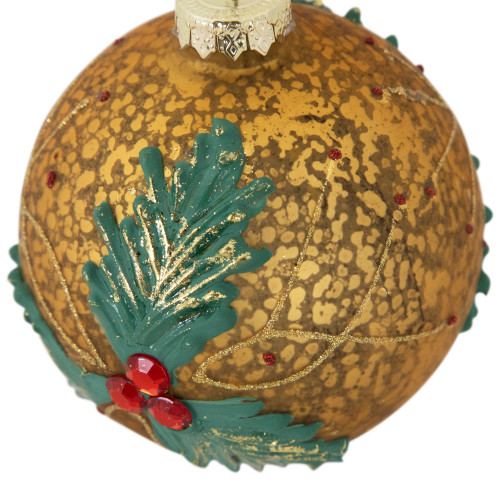 4" Gold Holly Berry Mercury Glass Ball Christmas Ornament