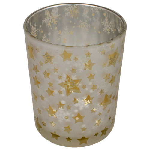 5" Matte Silver and Gold Stars and Snowflakes Flameless Glass Candle Holder