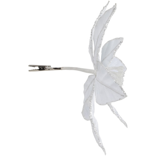 10" Snow White Glittered Poinsettia Christmas Floral Pick Clip-On Ornament