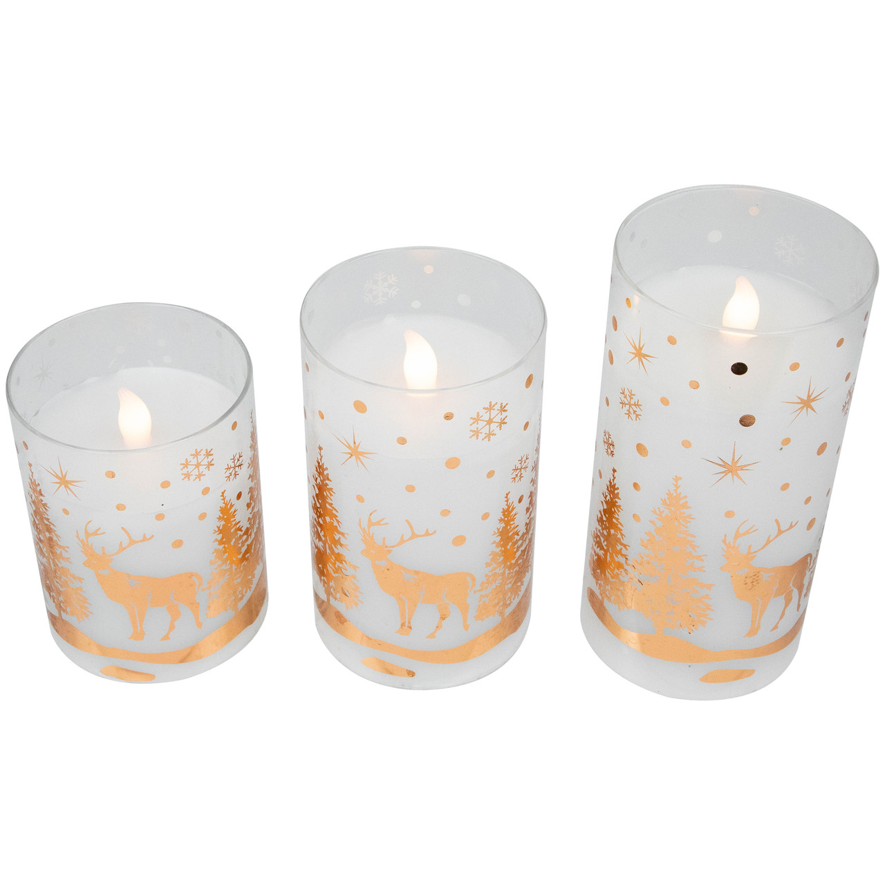 LED Flameless Flickering Woodland Glass Pillar Christmas Candles - 6" - Set of 3