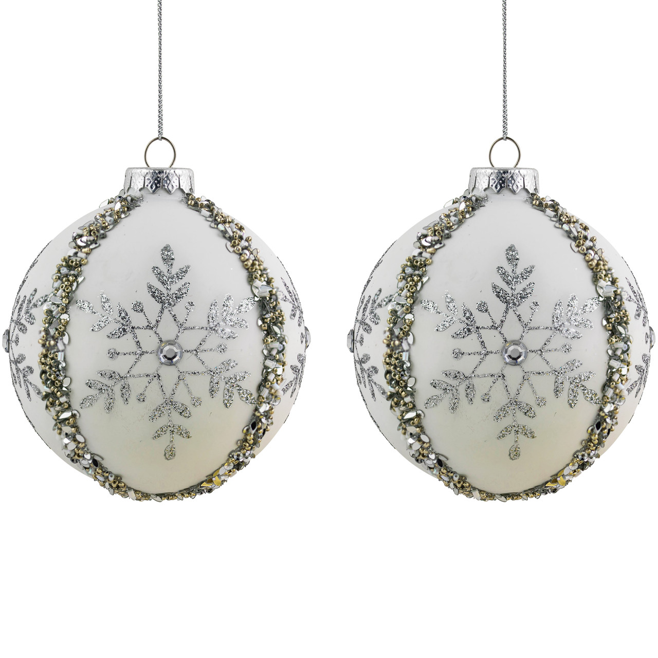 Set of 2 Matte White Sequin Glitter Snowflake Glass Christmas Ornaments 4"