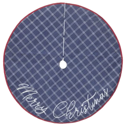 48 inch Blue Plaid Denim Embroidered Merry Christmas Holiday Tree Skirt