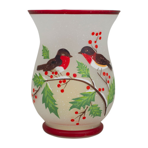 8" Hand Painted Finches and Pine Glass Christmas Candle Holder