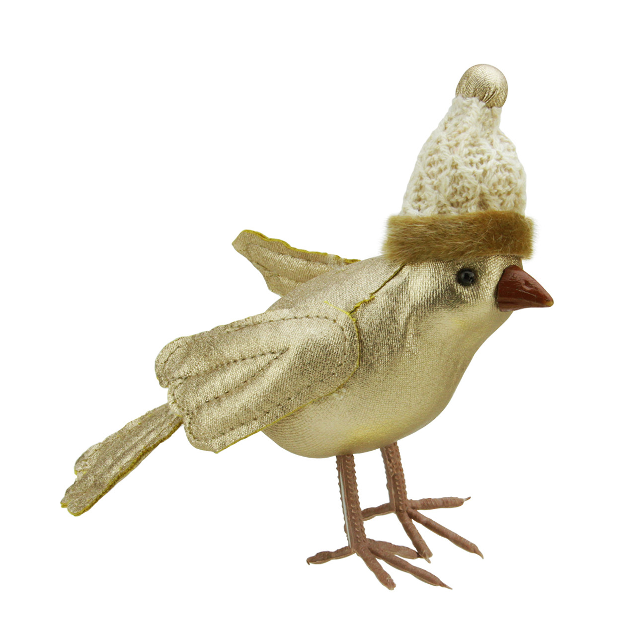 5" Gold Bird Wearing Knitted Winter Hat Christmas Ornament