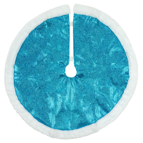 20" Blue Glittered Mini Christmas Tree Skirt with Fur Trim