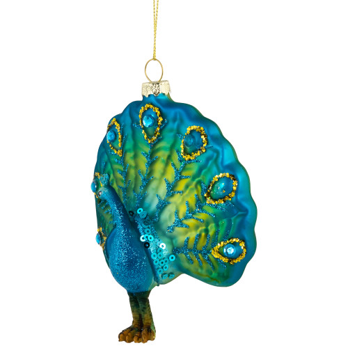 4.5" Blue and Green Peacock Glass Christmas Ornament