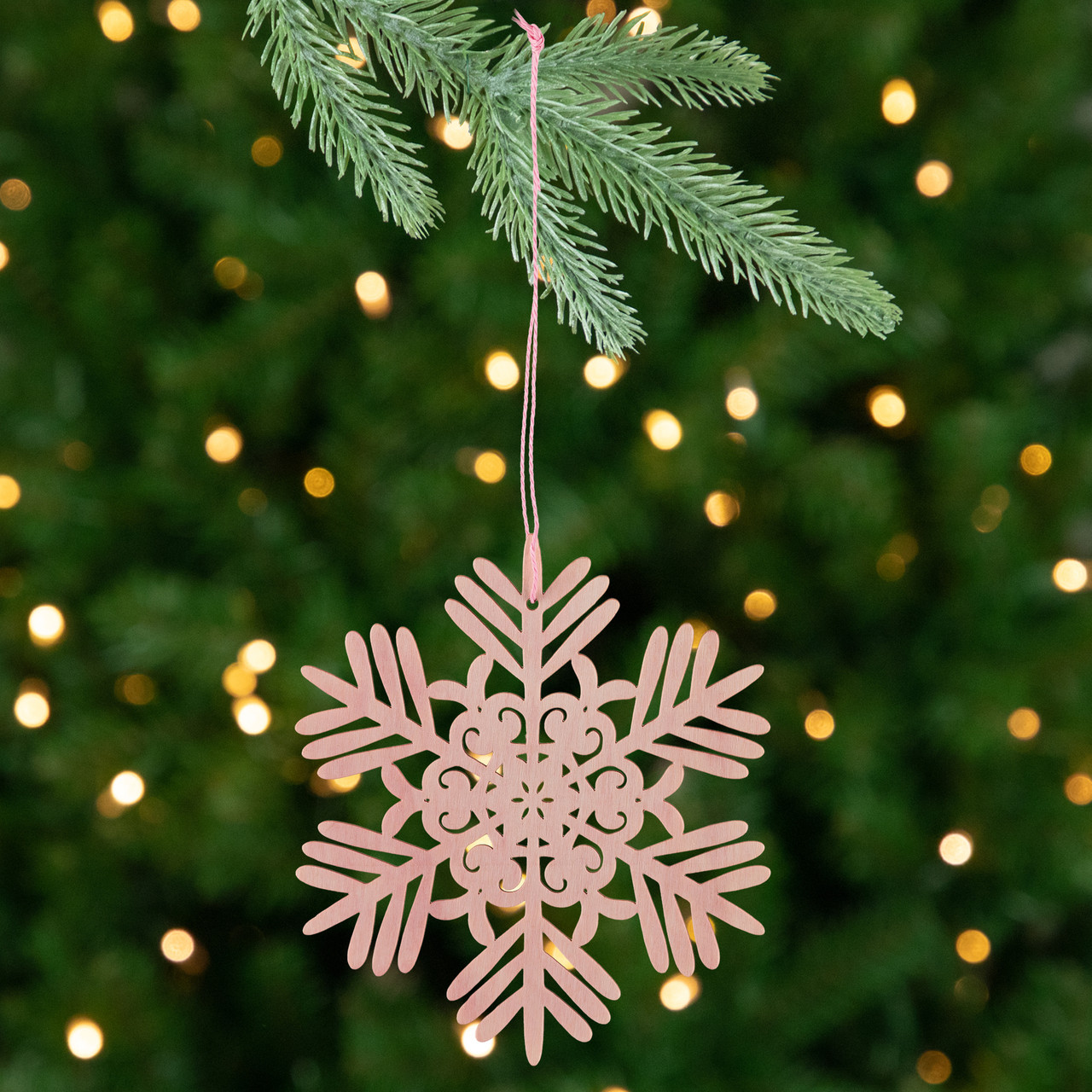 Snowflake Cut-Out Wood Christmas Ornaments - 4.75" - Pink - Set of 4