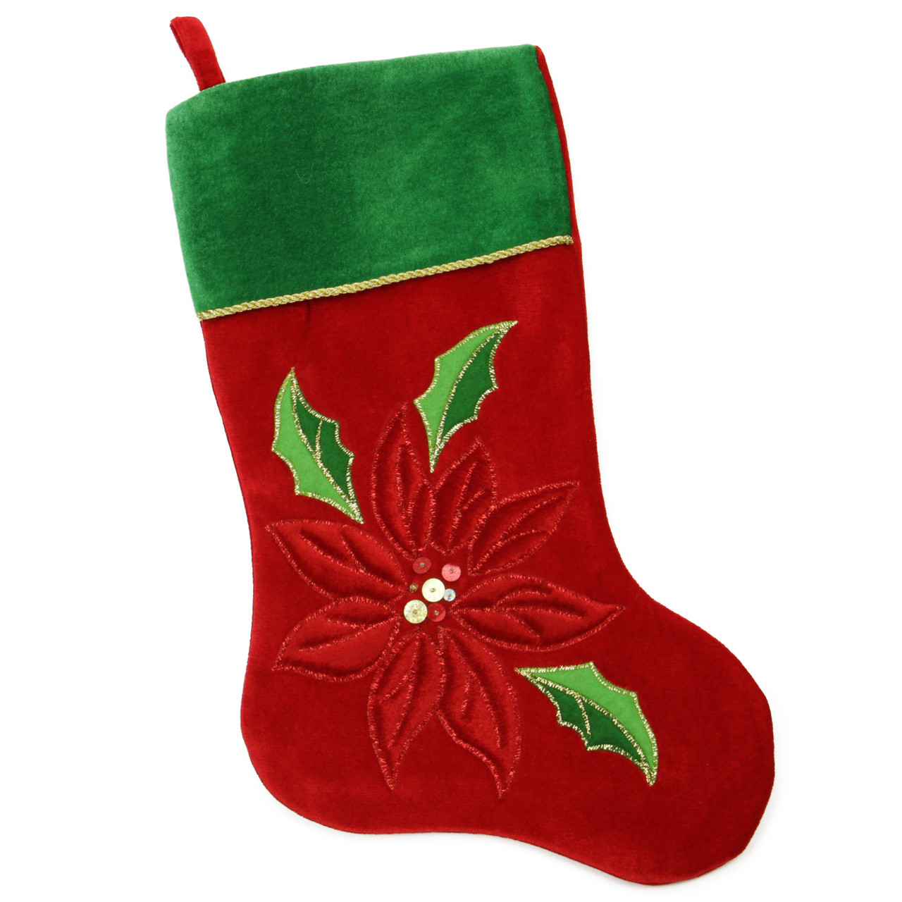 20" Red and Green Velveteen Poinsettia Christmas Stocking