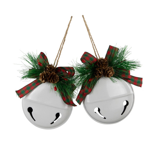 Jingle Bells with Bow and Pinecones Christmas Disc Ornaments - White - 5" - Set of 2