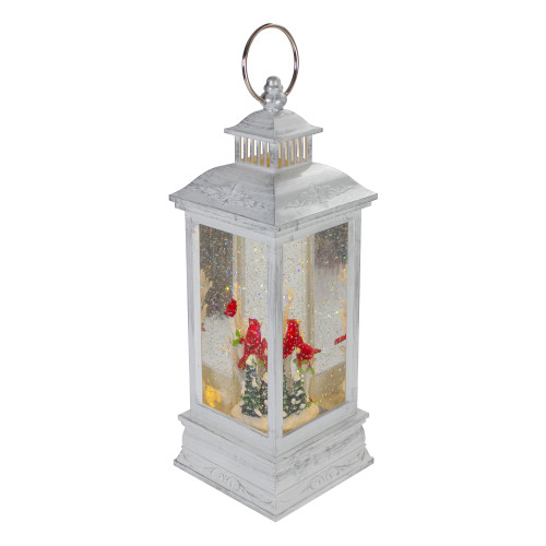 Brushed Christmas Cardinals Snow Globe Lantern - 11" - White and Silver