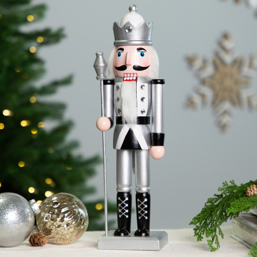 Jeweled Christmas Nutcracker Figure - 14" - Silver and Black