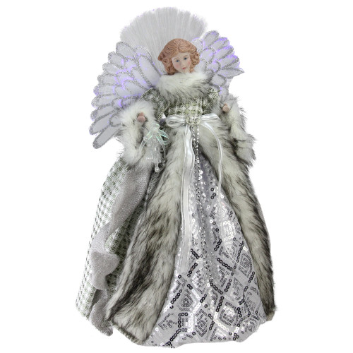 16" Lighted Fiber Optic Angel in Silver Gingham Coat Christmas Tree Topper