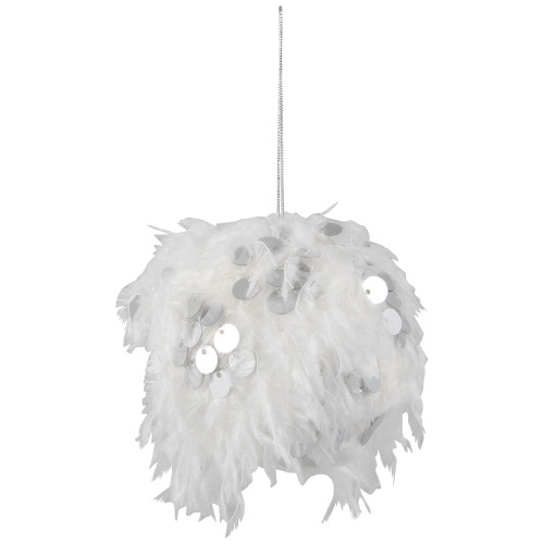 Feather Ball with Large Sequins Christmas Ornaments - 3.5" - White - Set of 4