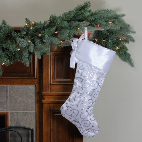 19�� White and Silver Filigree Christmas Stocking with Bows
