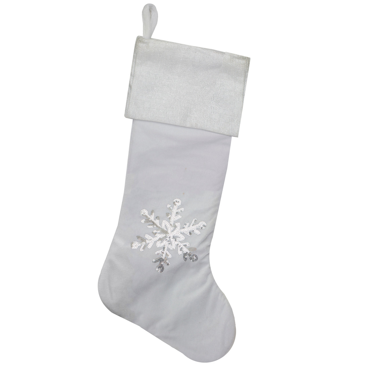 20" White Christmas Stocking with Silver Sequin Snowflake