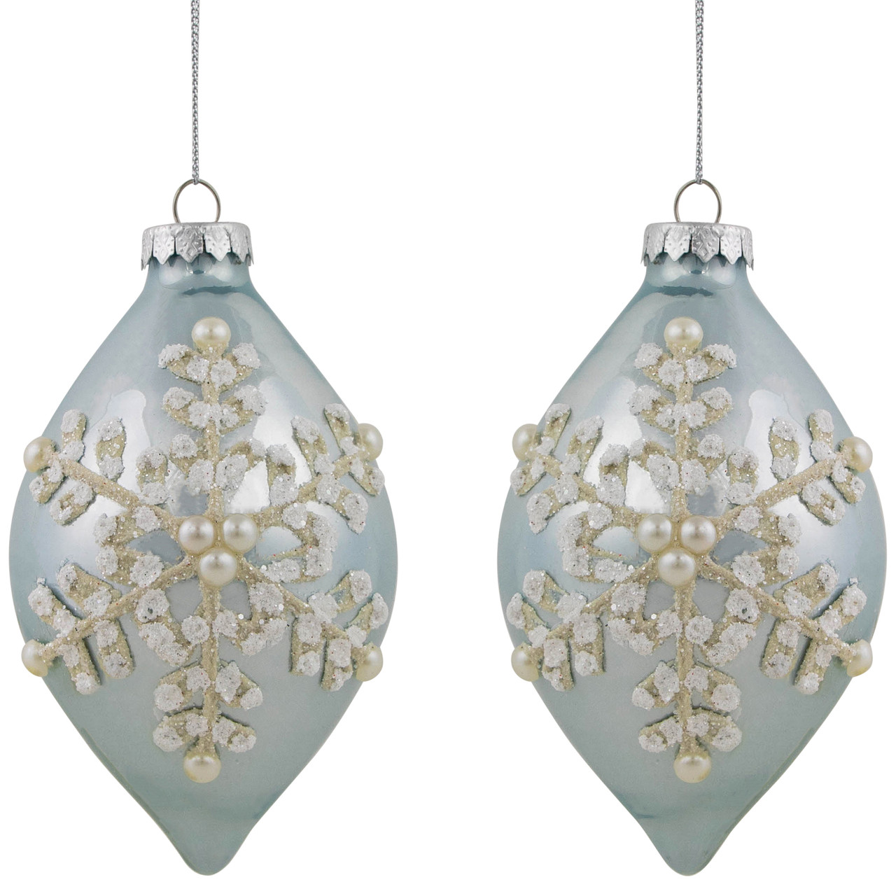 Set of 2 Shiny Artic Blue Textured Snowflakes Finial Christmas Glass Ornaments 5"