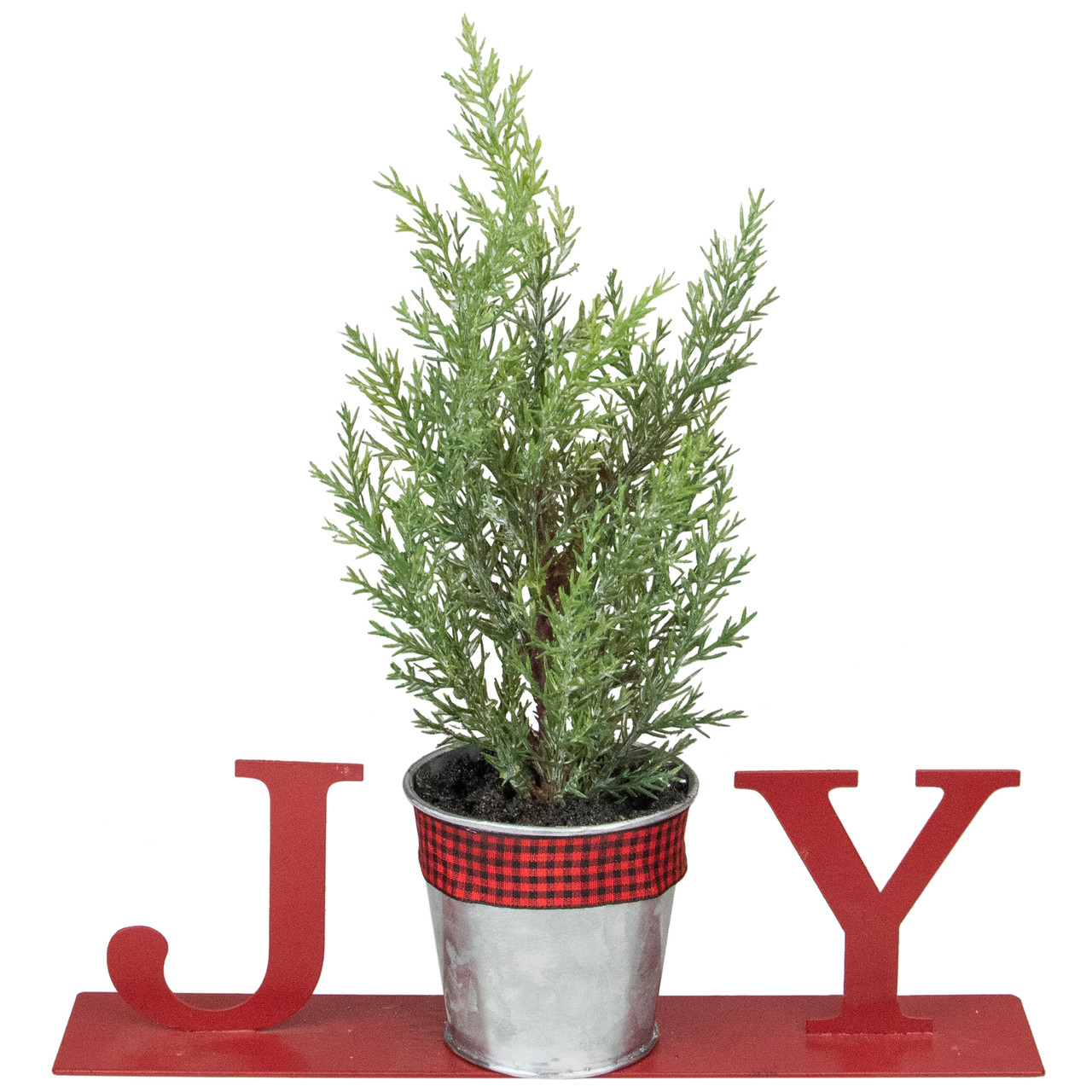 Potted Faux Pine in Metal "JOY" Planter Christmas Decoration - 10" - Red