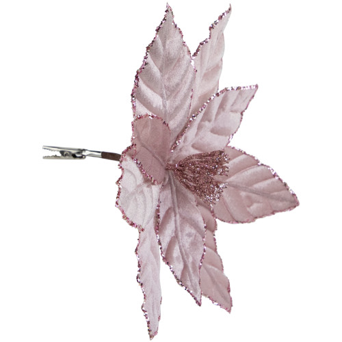 10" Pink Glittered Poinsettia Christmas Floral Pick Clip-On Ornament
