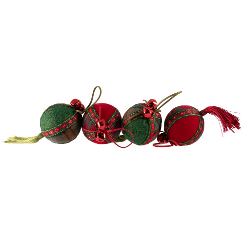 Jingle Bells and Tassels Christmas Ball Ornaments - 2.75" - Set of 4 - Green and Red