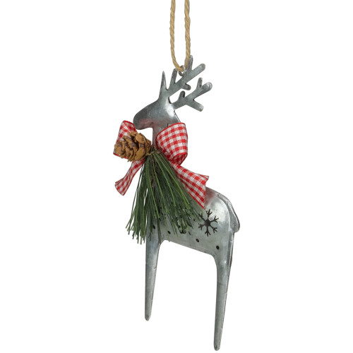 6.25" Silver Metal Reindeer Christmas Ornament with a Red Gingham Bowtie and Pine