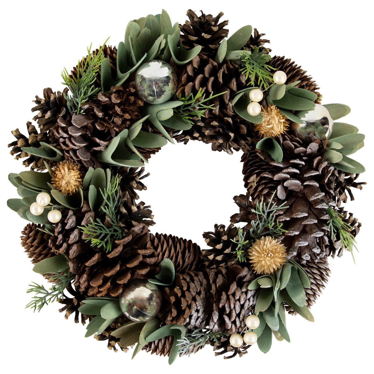 Silver and Green Mixed Foliage and Pinecone Christmas Wreath, 13.5-Inch, Unlit