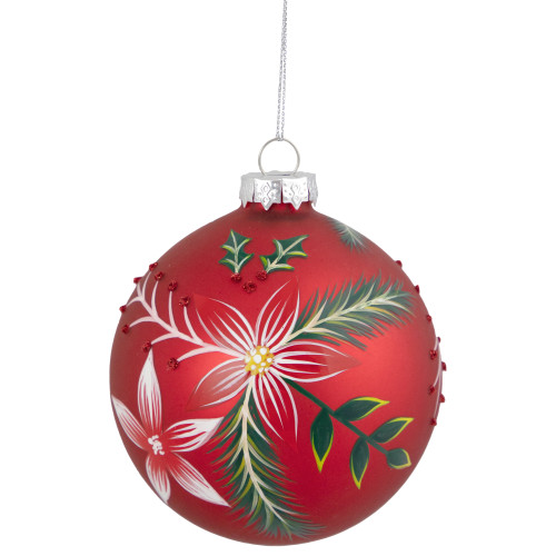 4" Red Poinsettia and Holly Glass Christmas Ball Ornament