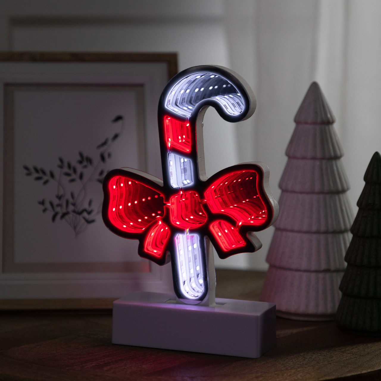 LED 3D Candy Cane with Bow Christmas Infinity Mirror - 8"