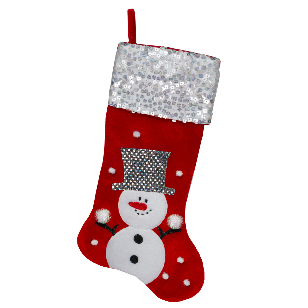 20.5" Red and White Snowman Embroidered Christmas Stocking with Sequined Cuff